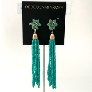 REBECCA MINKOFF Calla Tassel Stud Earrings Seed Bead Turquoise Gold NEW